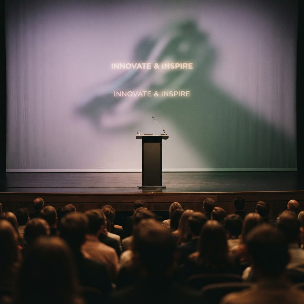Laurie speaking on stage at a keynote event